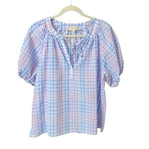 Loft multicolored pastel plaid textured tie neck puff sleeve blouse size M